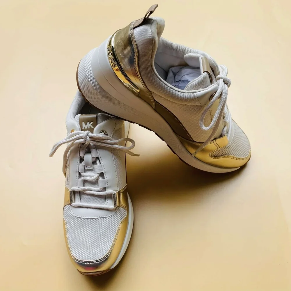 Michael Kors White and Gold Platform Wedge Sneakers